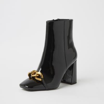 Black wide fit chain block heel boots