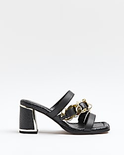 Black wide fit chain detail heeled sandals