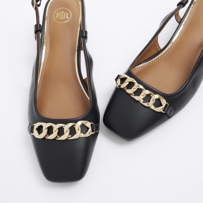 Black wide fit chain sling back court shoes | River Island