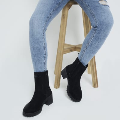 Black Wide Fit Chunky Block Heeled Boots River Island