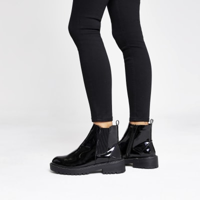 Black wide fit chunky patent boots 
