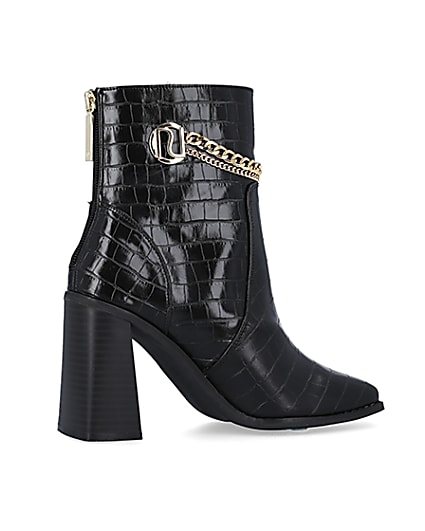 360 degree animation of product Black wide fit croc embossed heeled boots frame-14
