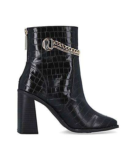360 degree animation of product Black wide fit croc embossed heeled boots frame-15