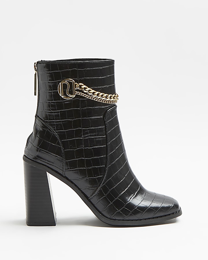Black wide fit croc embossed heeled boots