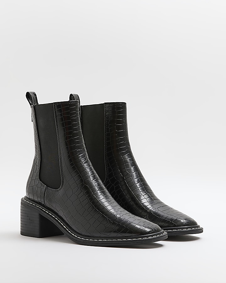 Black wide fit croc heeled chelsea boots