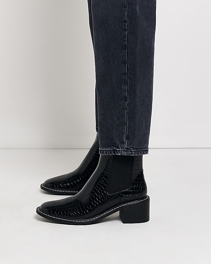 Black wide fit croc heeled chelsea boots