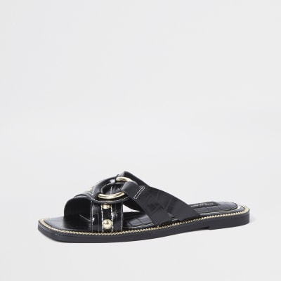 Black wide fit cross strap sandals