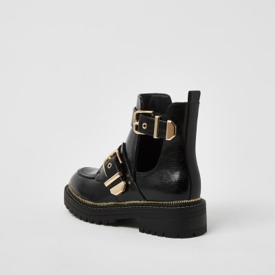 Black wide fit cut out chunky buckle boots