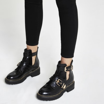 Black wide fit cut out chunky buckle boots