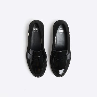 Black wide fit diamante loafers River Island