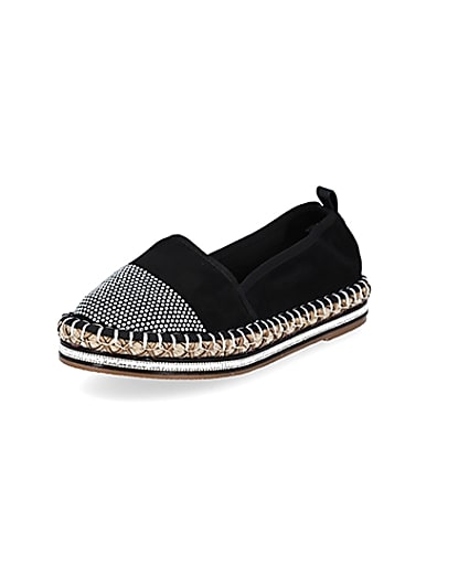 360 degree animation of product Black wide fit diamante toe cap espadrille frame-0