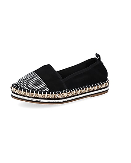 360 degree animation of product Black wide fit diamante toe cap espadrille frame-1