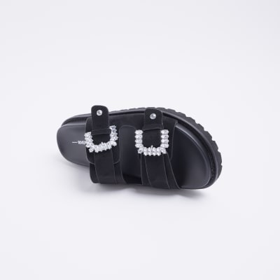 Black wide fit embellished buckle slides