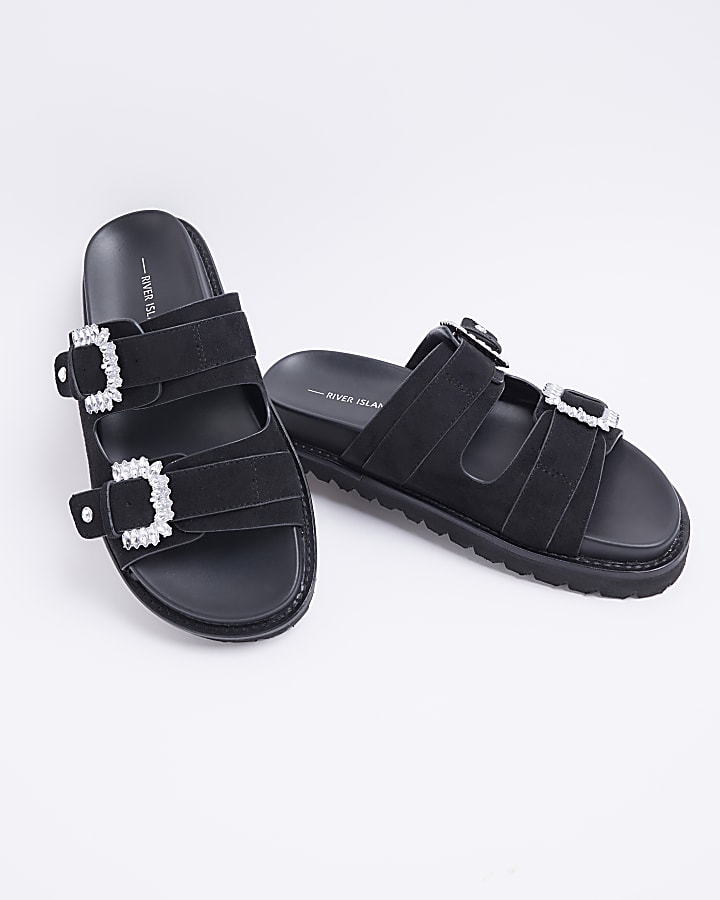 Black wide fit embellished buckle slides