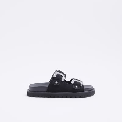 Black wide fit embellished buckle slides | River Island