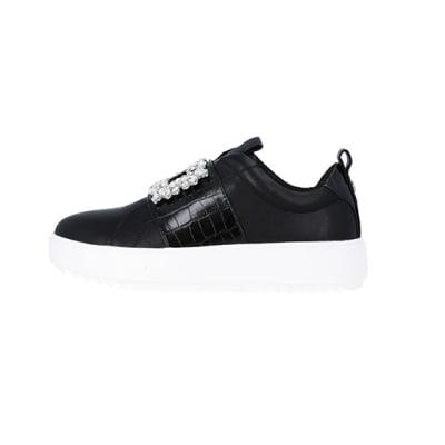 360 degree animation of product Black wide fit embellished buckle trainers frame-3