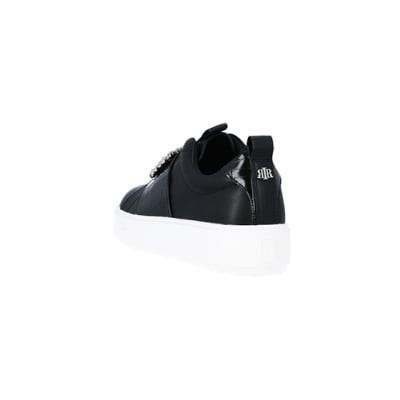 360 degree animation of product Black wide fit embellished buckle trainers frame-7