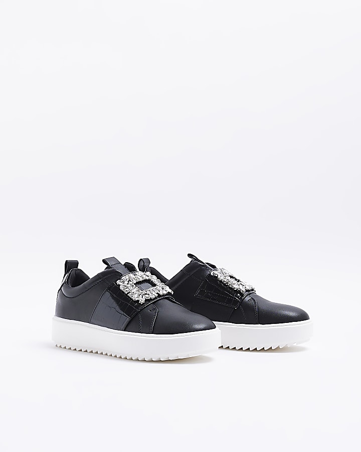 Black wide fit embellished buckle trainers