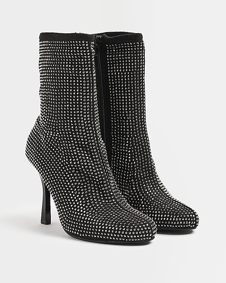 Black wide fit embellished heeled ankle boots
