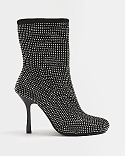 Black wide fit embellished heeled ankle boots