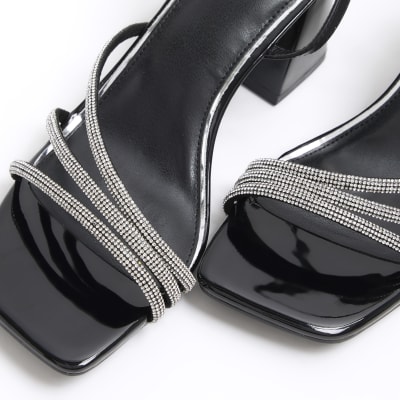 Black wide fit embellished heeled sandals River Island