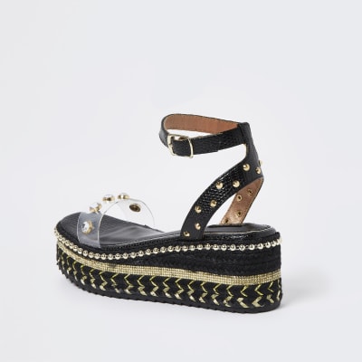 Black wide fit embellished platform sandals