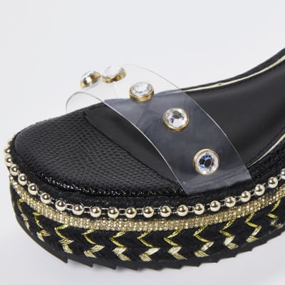 Black wide fit embellished platform sandals