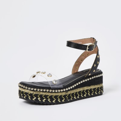 Black wide fit embellished platform sandals