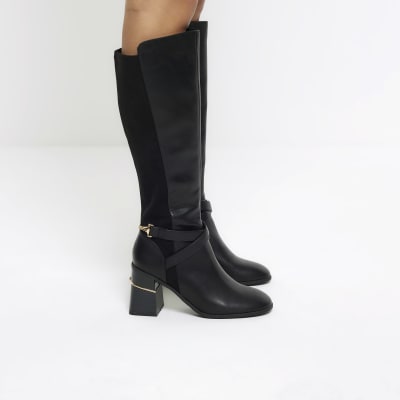 Black wide fit heeled high leg boots River Island