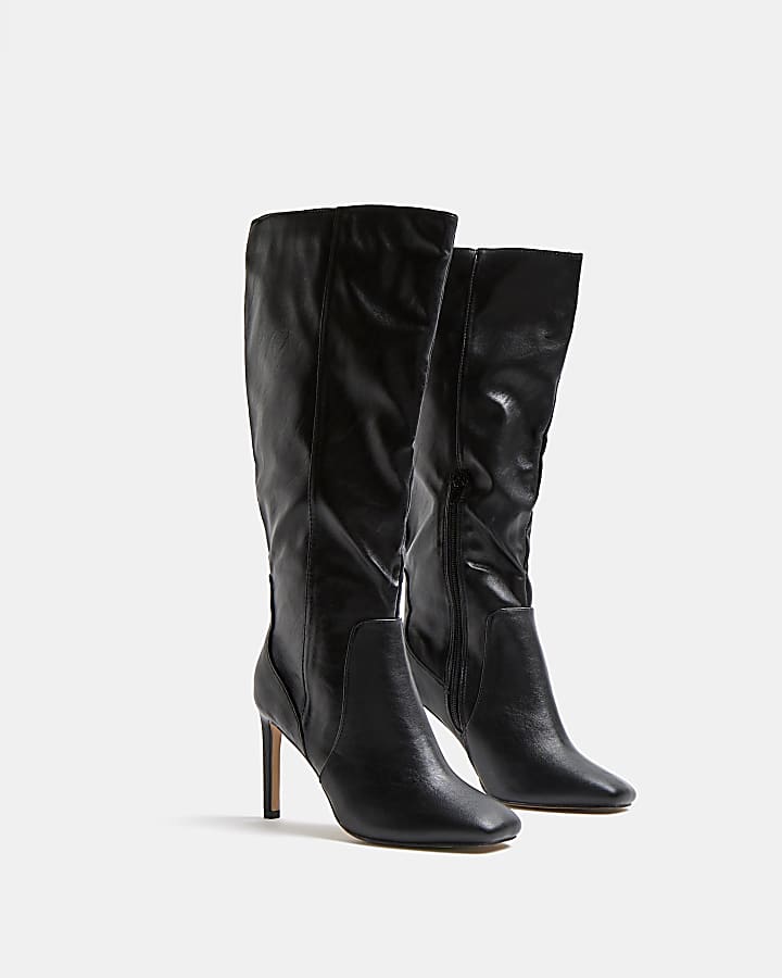 Black wide fit knee high heeled boots