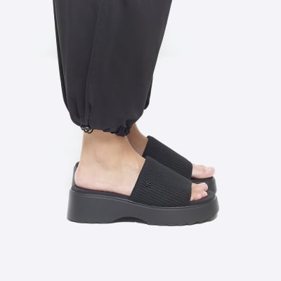 River Island Womens Black Wide Fit Knit Flatform Sandals