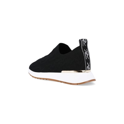 360 degree animation of product Black wide fit knitted embossed trainers frame-6
