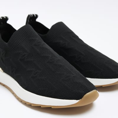 Black wide fit knitted embossed trainers River Island