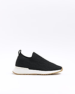 Black wide fit knitted embossed trainers