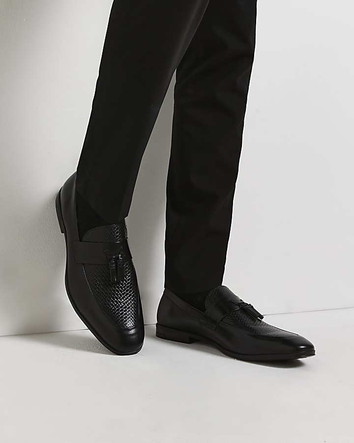 Black wide fit leather Embossed Loafers