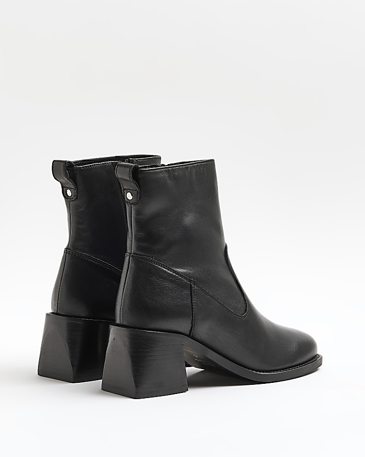 Black wide fit leather heeled ankle boots