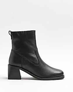 Black wide fit leather heeled ankle boots