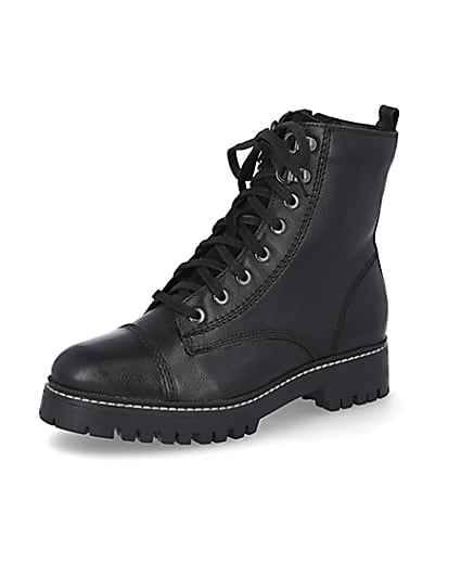 360 degree animation of product Black wide fit leather lace up hiker boots frame-1