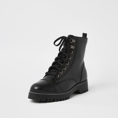 river island lace up flat hiker boot in black