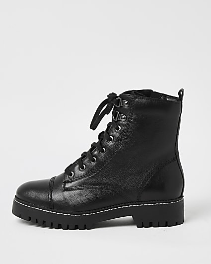 Black wide fit leather lace up hiker boots