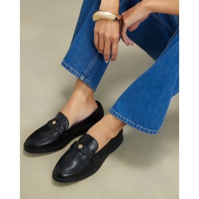 Black Faux Leather Metal Decal Loafers | River Island