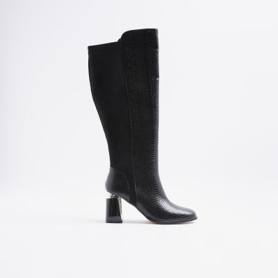 Black Wide Fit Metal Heel Knee High Boot