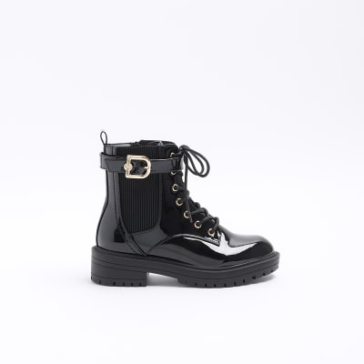 River Island lace up velvet jewel buckle boot in black