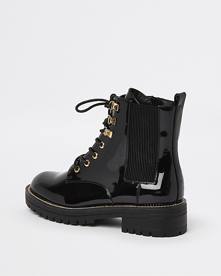 Black wide fit patent chunky biker boots
