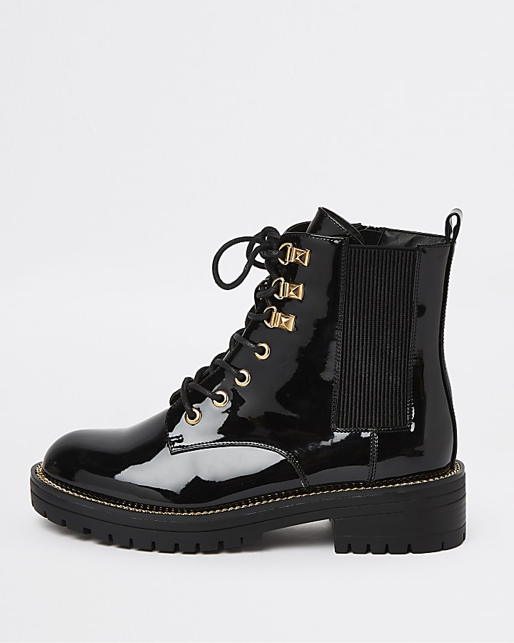 Black wide fit patent chunky biker boots