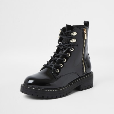 Black wide fit patent chunky flat ankle boot