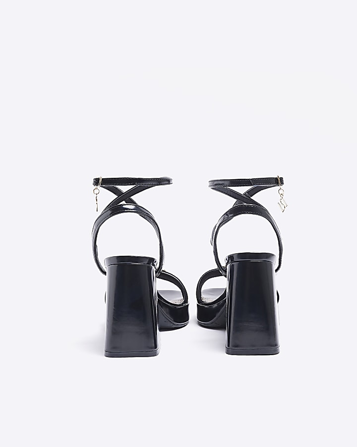 Black wide fit patent platform heeled sandals