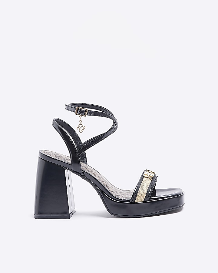 Black wide fit patent platform heeled sandals