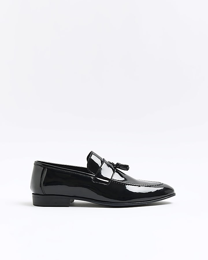 Black wide fit patent tassel loafers