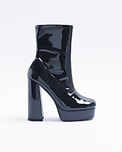 Black wide fit platform heeled ankle boots